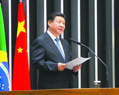 2014年7月16日，国家主席习近平在巴西国会发表演讲中重点阐述建立多边、民主、透明国际互联网治理体系。新华社记者 兰红光摄