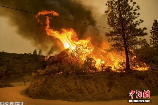 当地时间2015年9月12日，美国加州圣安德烈亚斯，当地发生山火，火光映天。