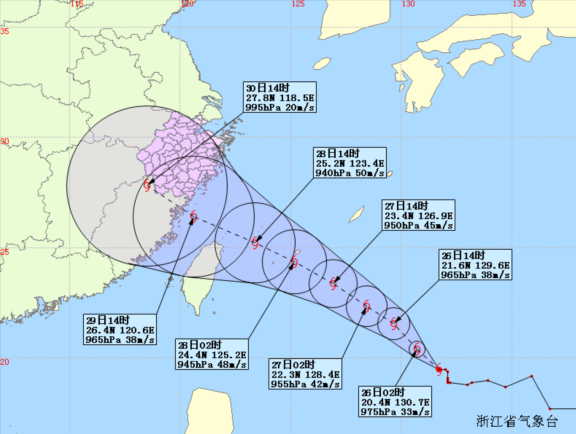 "杜鵑"未來120小時路徑概率預(yù)報圖(浙江省氣象臺9月25日下午3點30分發(fā)布) 　