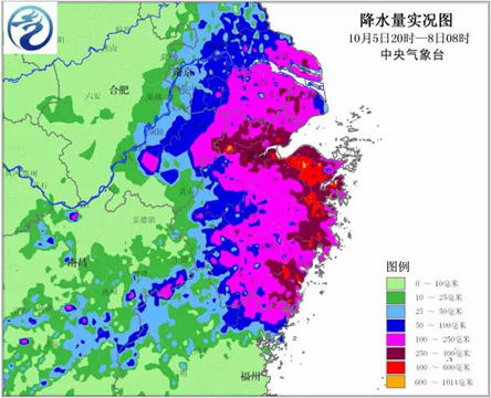 2013年臺(tái)風(fēng)“菲特”降雨量實(shí)況圖。