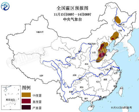 13日8時至14日8時，天津、河北等地部分地區(qū)有中度霾，局地重度霾。