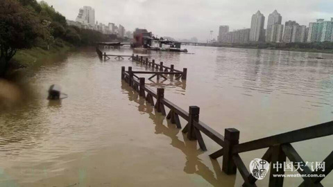 20日开始，江西赣州市章江水位持续上涨，河边栈道被淹。 （曾华萍 摄）