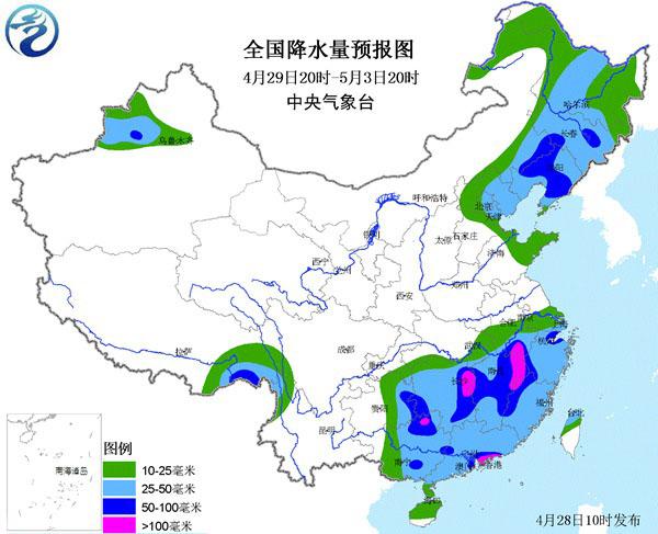 4月29日20时-5月3日20时降雨量预报图，江南南部雨势较强。