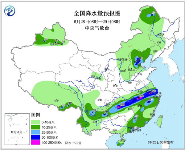 今天，强降雨带覆盖长江中下游地区，安徽、湖北等局地有大暴雨。