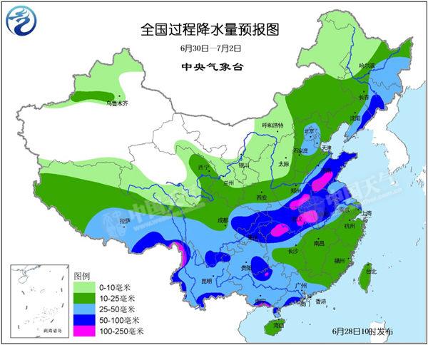 30日至7月2日，西南地区至淮河流域将遭较强降雨袭击。