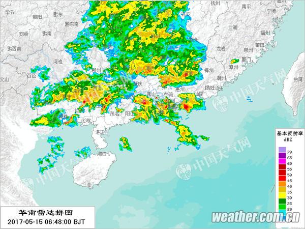 6时48分雷达图显示，广东多地降雨持续。