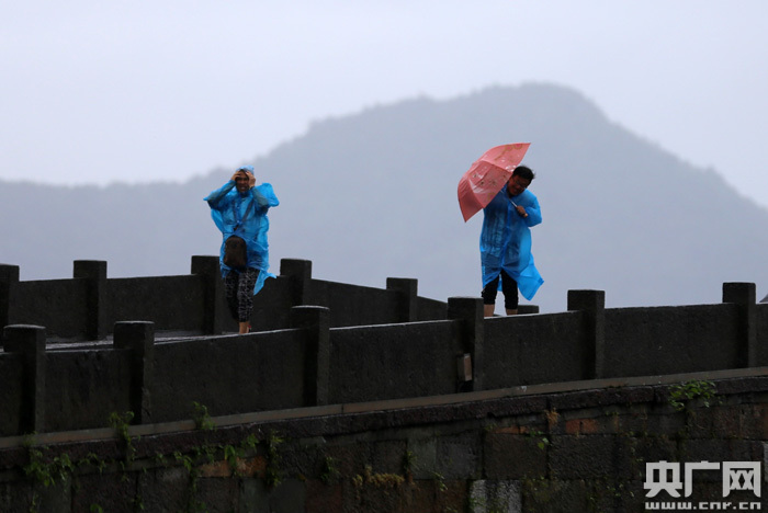 8月10日，在杭州西湖边，两位游客在风雨中艰难前行。（央广网记者 魏炜 摄）
